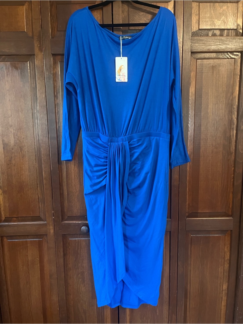 Long Sleeve Midi Dress in Cobalt Blue with Gathered Waist